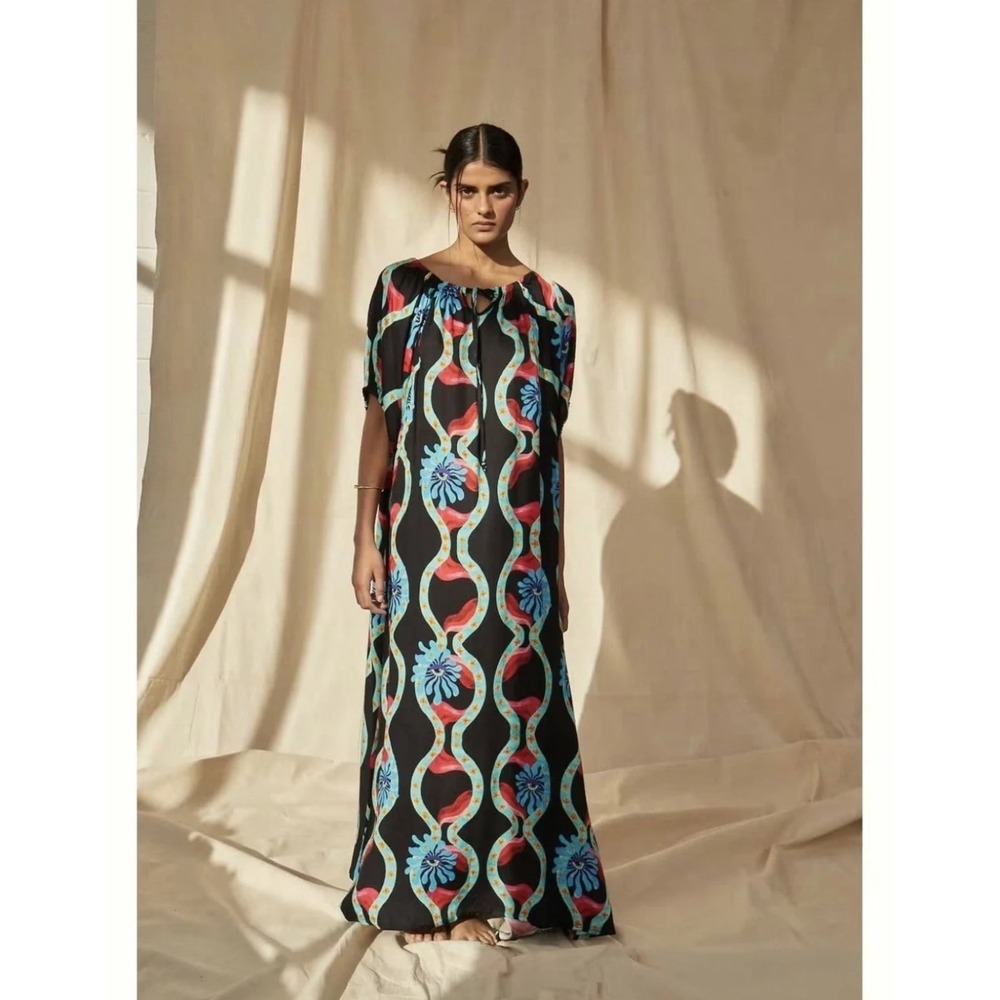 Kinga Csilla Lopez Tulip Maxi Dress Size S Black Blue Floral Boho Retro Festival